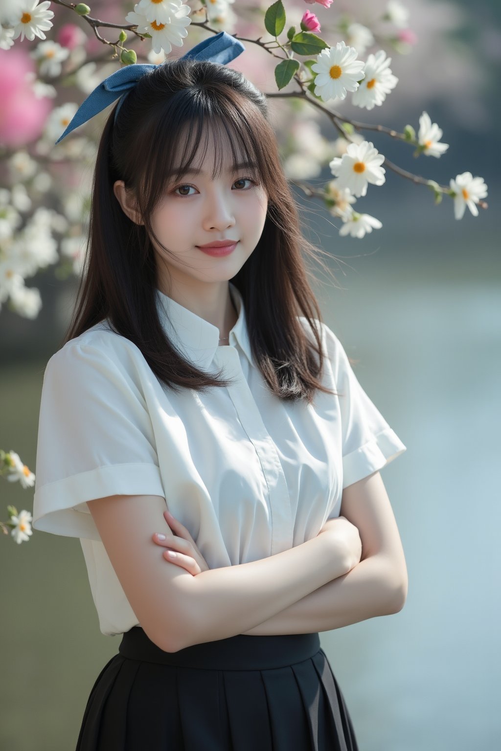 [01]Realistic photograph, Portrait of a high school girl with shoulder-length hair, tied with a blue bow, wearing a traditional Thai school uniform, a white short-sleeved shirt and a black skirt, standing by the water. She looks at the camera, has a charming, captivating smile, her arms are crossed and she seems to be enjoying the moment. The background is covered in flowers, suggesting that it may be a park or recreational area near the river.