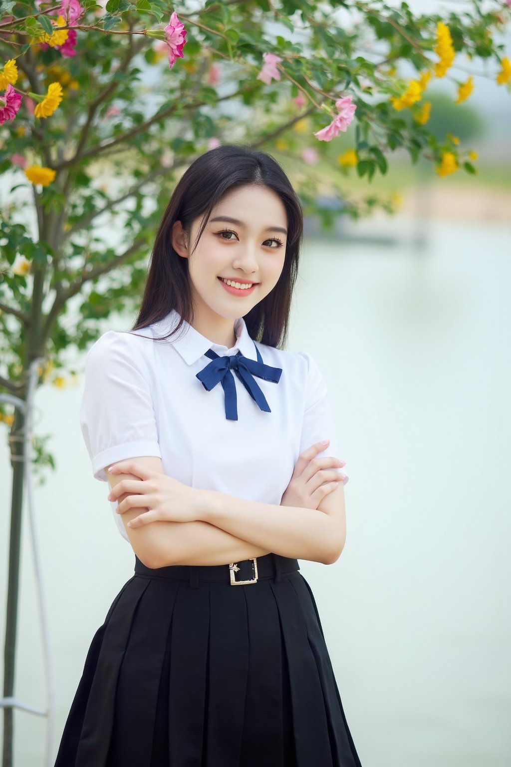 [01]Realistic photograph, Portrait of a high school girl with shoulder-length hair, tied with a blue bow, wearing a traditional Thai school uniform, a white short-sleeved shirt and a black skirt, standing by the water. She looks at the camera, has a charming, captivating smile, her arms are crossed and she seems to be enjoying the moment. The background is covered in flowers, suggesting that it may be a park or recreational area near the river.