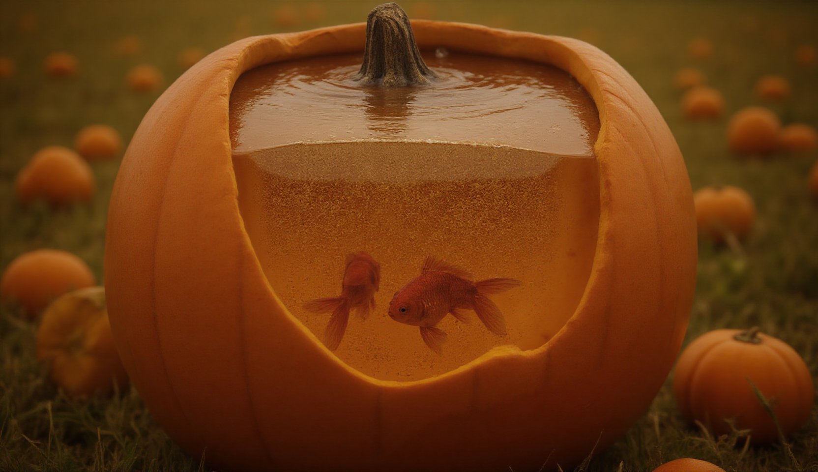 Surreal concept of a carved Halloween pumpkin, the inner flesh turns into a transparent aquarium filled with water with small air bubbles. Two small goldfish swim inside the pumpkin, and ripples run across the surface of the water. The outer skin of the pumpkin remains intact, creating the illusion of a natural aquarium. Background of a field with small pumpkins. Hyper-realistic details highlight the texture of the pumpkin skin and the graceful movements of the fish in the water.