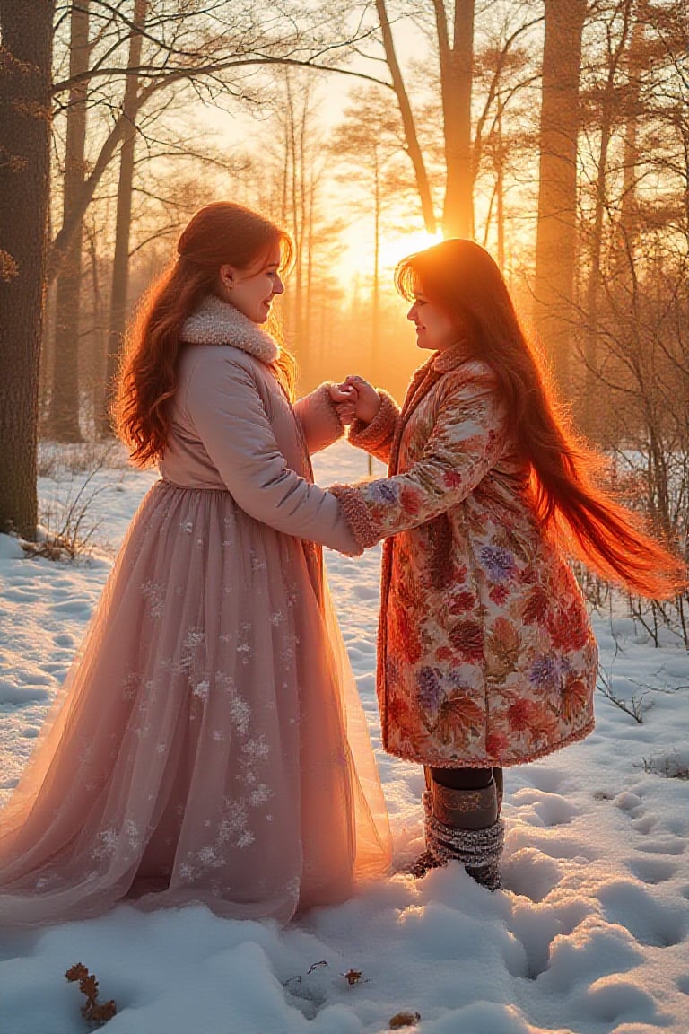 The screen is divided into two parts, each of which reflects the unique beauty of the seasons. 
On the left is Winter, majestic and mysterious, dressed in a rich white fur coat, her hair sparkling like snowflakes. The background is a snow-covered forest, where the trees are dressed in fluffy snow caps, and the frosty air fills the scene with freshness and silence.
On the right is Autumn, bright and cheerful, in a dress woven from autumn leaves, shimmering in all shades of red, gold and brown. She is surrounded by an autumn forest, where the trees have shed their leaves and the ground is covered with a carpet of bright leaves. The warm light of the sun breaks through the branches, creating an atmosphere of comfort and tranquility.
These two seasons meet in harmony, representing the changing times and the beauty of nature ,photo,swetalana woman