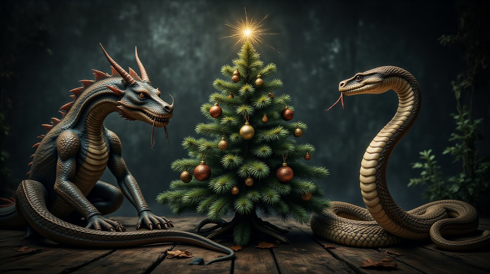 The screen is divided into two parts. On the left is an ancient tired dragon,  on the right is a majestic young cobra snak...