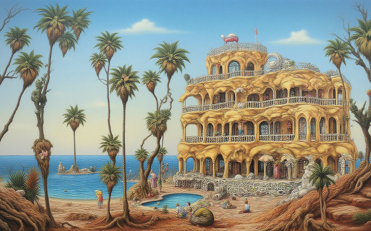 A photo of a three-story hotel in the style of Salvador Dalí, surreal architecture, located by the sea, surrounded by palm trees, bright colors, unusual shapes, dreamlike atmosphere, soft lighting, whimsical details.