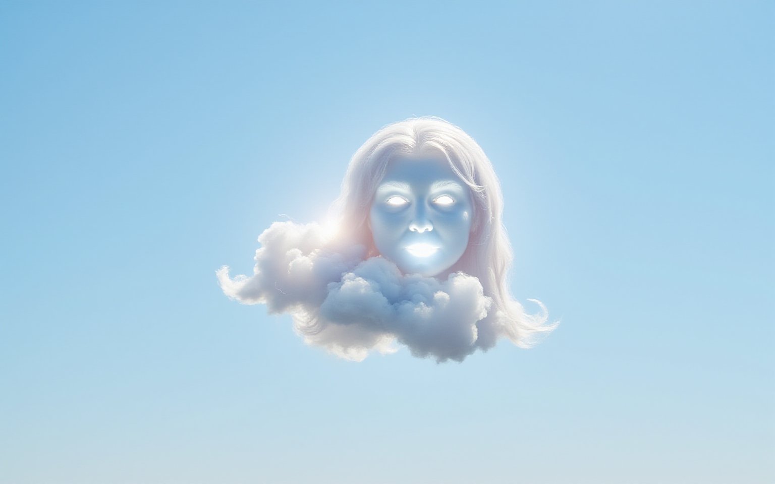 Light, fluffy clouds float in the clear blue sky, forming bizarre shapes. Among them appears the outline of a woman's face, which smoothly emerges from the clouds. The face looks gentle and mysterious, with soft features and expressive eyes, as if it is observing the world from below. 

The light of the sun breaks through the clouds, creating a soft glow and giving the scene a magical, dreamy look. The clouds surrounding the face slightly change their shape, as if breathing, adding dynamics to the composition. The sky is bright and clear, without a single speck, creating a contrast with the whiteness of the clouds.

This image will look like an artwork that conveys an atmosphere of dream and fantasy and can be created using digital art or painting.,swetalana woman,made out of clouds,photo,none