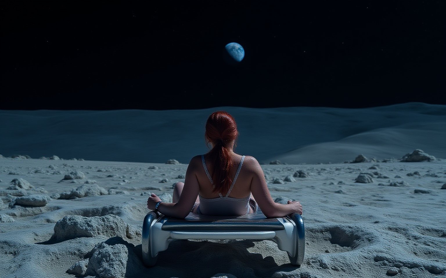 A solitary figure, a woman, reclines on a sleek silver sun lounger amidst the barren yet breathtaking lunar terrain, her gaze fixed upon the distant blue-green glow of the Earth suspended in the blackness. Endless expanse of star-studded space stretches out before her, punctuated by craters and rocky outcroppings,swetalana woman,photo