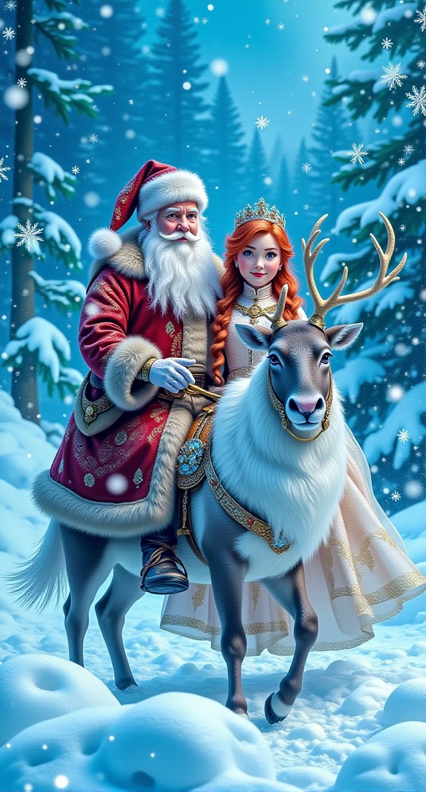 Santa Claus and the Snow Maiden sit regally astride a single glittering reindeer,  its fur puffed out from the biting wint...