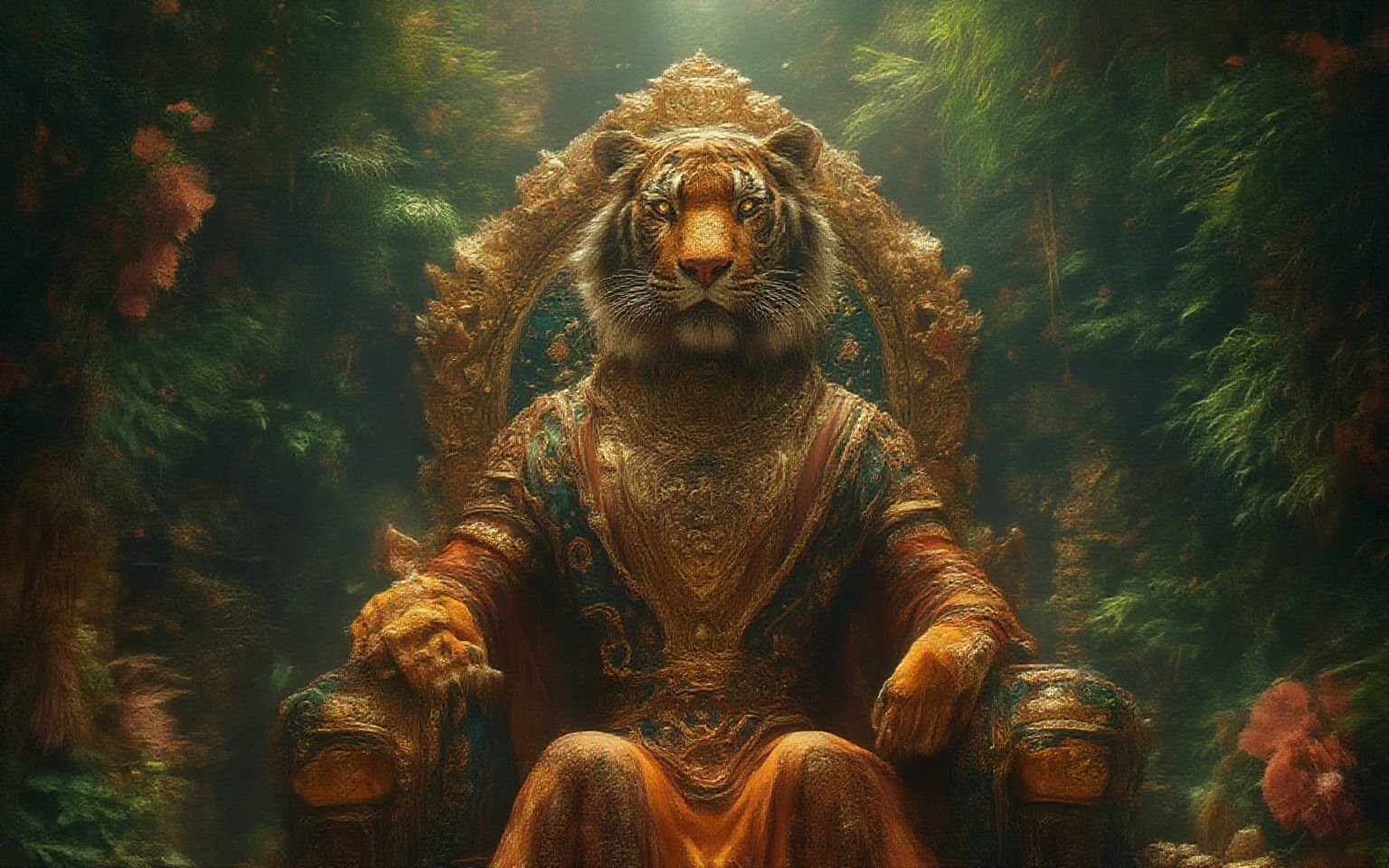 In the tropical jungle, among dense greenery and bright flowers, a queen with the head of a tigress sits on a majestic throne. Her body, dressed in a luxurious robe, decorated with gold and green patterns, shimmers in the sun. The tigress's eyes sparkle with wisdom and strength, reflecting her power over this magical world.