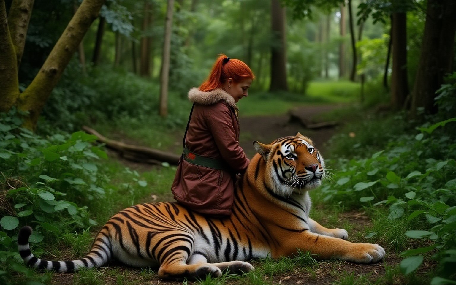 photo, a woman in a clearing in the rainforest, sitting on the back of a tiger