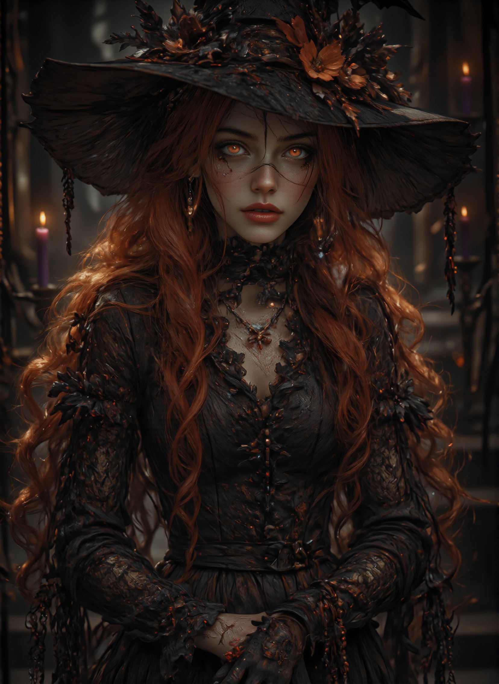 Long shot, *full body*, realistic looking vampire witch with pale skin, long bright red hair and glowing red eyes. She wears a black satin witch costume with lace details, giving it a gothic and dark feel, and a wide-brimmed witch hat. The background is a dark room with dim light from a soft purple candle, casting soft shadows on her face. Her pose is quite mischievous, revealing sharp fangs and an intense gaze. Hyper-realistic textures in the hair, skin and clothing. 8K UHD footage, hyper-realistic Halloween costume, vampires and witches, full moon, Halloween, close-up, focusing on the intricate details of the costume, natural light, dynamic composition, capturing both the festive and scary scenes. The realistic environment combines elements of autumn, the supernatural and cultural. hkmagic halloween_witch