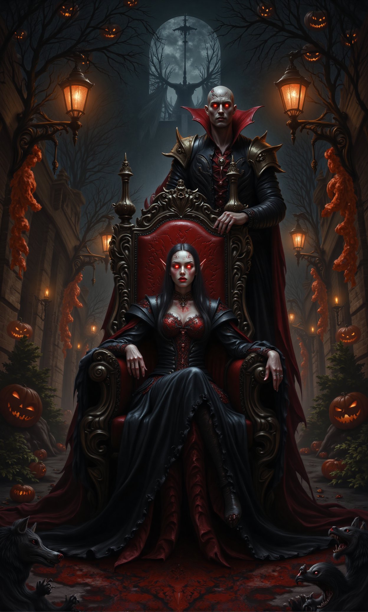 A Vampire Spawn from Curse of Strahd sits regally on a majestic chair, with another male vampire standing beside her. They are surrounded by Halloween decorations. She has pale skin, glowing red eyes, and sharp fangs, while the male vampire exudes a similar menacing aura. The scene is dimly lit by flickering street lamps, casting long shadows. They are framed in a mid-shot, their expressions fierce and predatory. The background features fog, gothic architecture, and numerous Halloween decorations, enhancing the eerie atmosphere.