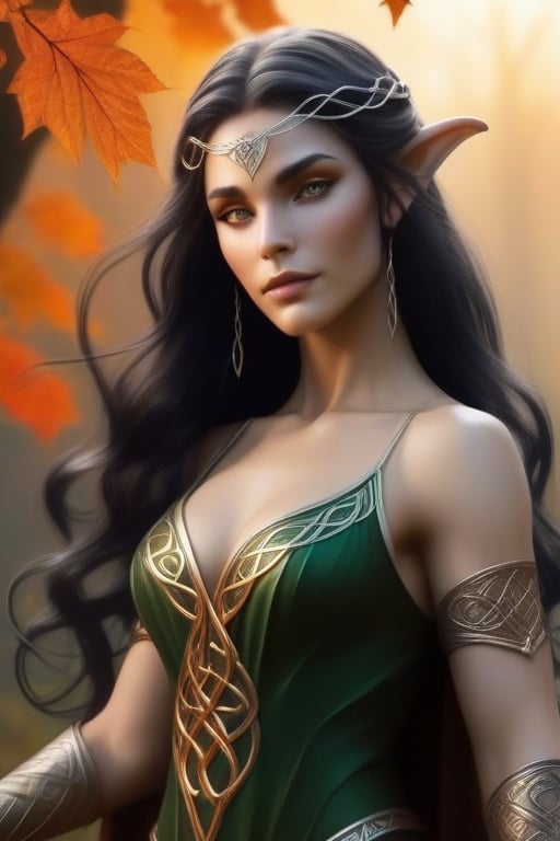 A majestic strong elf goddess stands tall,  her piercing emerald eyes gleaming in a warm golden light. She wears a flowing...