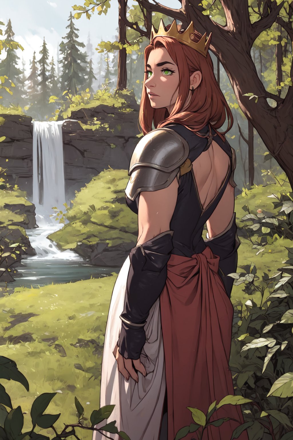 A medieval fantasy scene: A powerful female warrior stands tall, donning intricately crafted leather armor, her intense gaze piercing through the dense foliage of a mystical forest. Her auburn locks cascade down her back like fiery tendrils, while her piercing green eyes seem to bore into the soul. The surrounding trees loom in the background, their gnarled branches stretching towards the sky like nature's own twisted crown, as if attempting to mirror the warrior's unyielding determination.