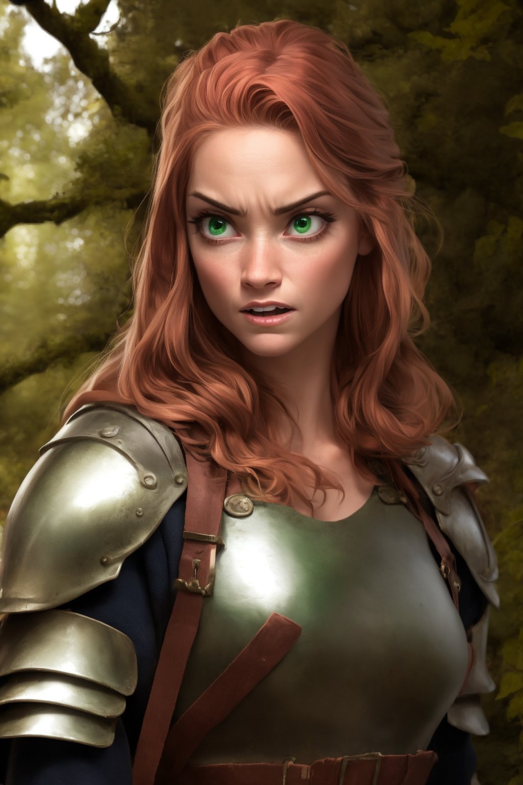 A powerful female warrior, medieval fantasy, leather armor, intense expression, green eyes, auburn hair, in a forest