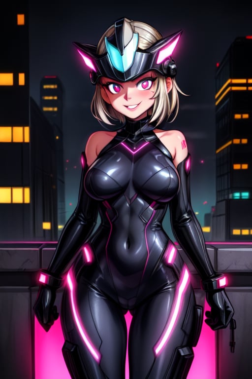 A sultry siren, clad in a gleaming silver bodysuit, stands poised against a kaleidoscope cityscape at dusk's hazy veil. Neon hues dance across the futuristic landscape, casting an otherworldly glow on her helmet and gloves' sleek design. Her confident gaze stretches into the distance, as a mischievous smile teases the corners of her lips, hinting at the thrill of discovery in this retro cyberpunk metropolis.,S@llyH