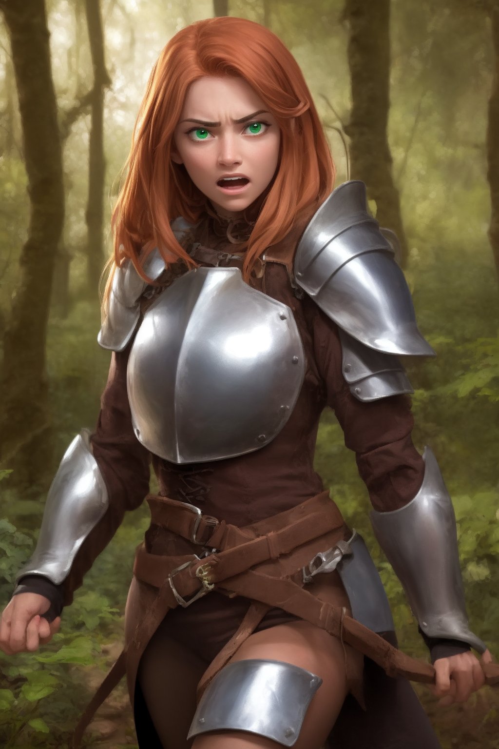 A powerful female warrior, medieval fantasy, leather armor, intense expression, green eyes, auburn hair, in a forest