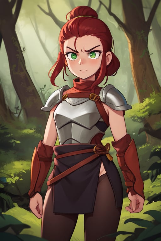 A powerful female warrior stands proudly amidst the ancient trees of a mystical forest, her auburn hair tied back by a leather wrap. She dons intricately crafted leather armor, adorned with small gemstones that glimmer in the soft, filtered light filtering through the canopy above. Her intense expression is set like stone, green eyes blazing with determination as she gazes out upon the dense underbrush.,Em1lyW,Ell13B,C@ssidy