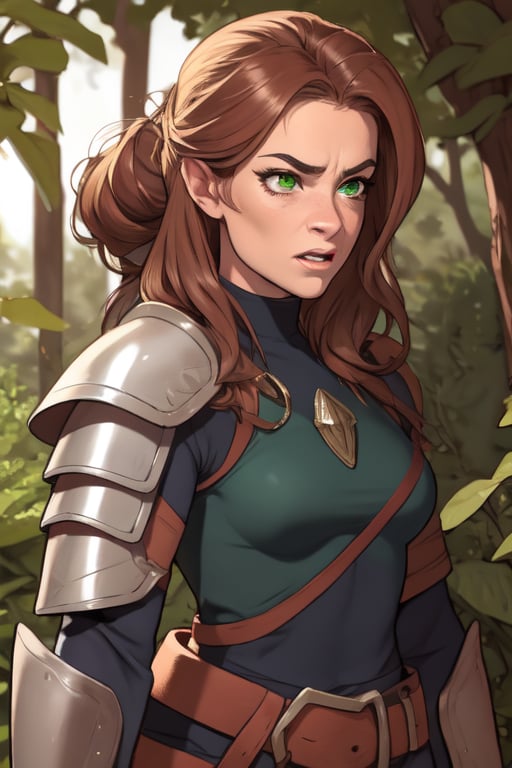 A powerful female warrior, medieval fantasy, leather armor, intense expression, green eyes, auburn hair, in a forest