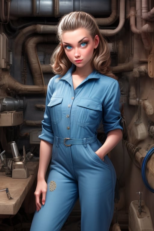 1950s (style) retrofuturistic female space engineer, baggy work romper, sparkling blue eyes, in an insanely detailed engine room, wrenches, screwdrivers,C@ssidy