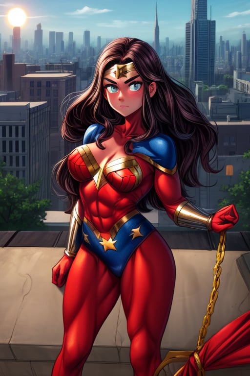 Wonder Woman stands confidently at the edge of a rooftop, her 1970s era iconic red, gold and blue short bodysuit glistening in the warm sunlight that casts a golden glow over the bustling metropolis below. The cityscape stretches out before her, a sprawling tapestry of skyscrapers and streets. Her powerful physique is showcased as she stands at ease, one hand resting on the golden lasso at her side while her eyes scan the horizon, ready to spring into action should justice require it.,C@ssidy