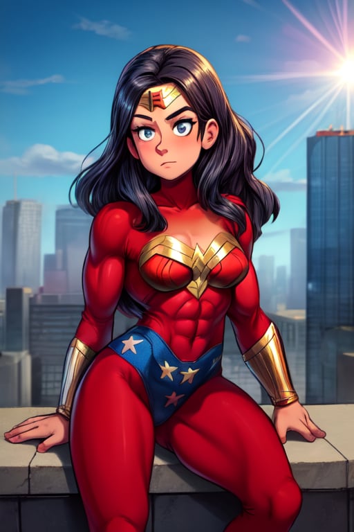 Wonder Woman stands confidently at the edge of a rooftop, her 1970s era iconic suit glistening in the warm sunlight that casts a golden glow over the bustling metropolis below. The cityscape stretches out before her, a sprawling tapestry of skyscrapers and streets. Her powerful physique is showcased as she stands at ease, one hand resting on the golden lasso at her side while her eyes scan the horizon, ready to spring into action should justice require it.,C@ssidy