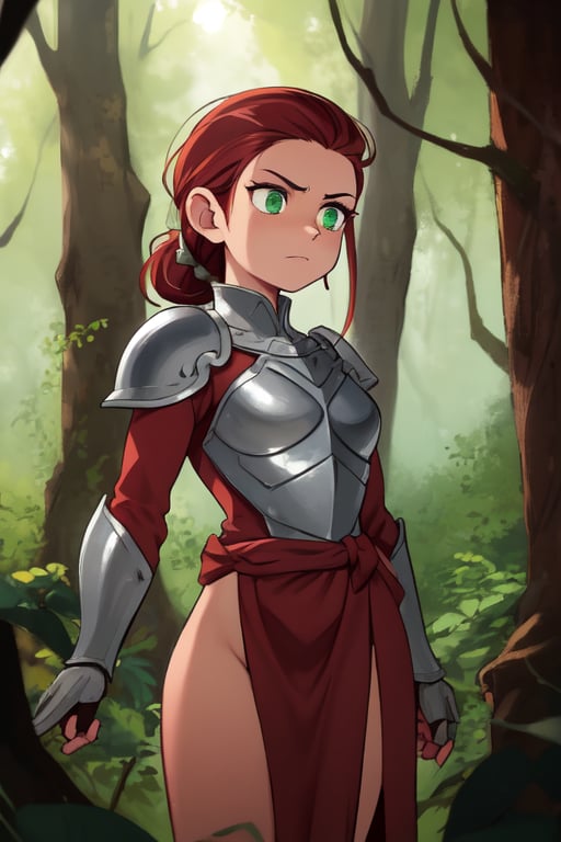 A powerful female warrior stands proudly amidst the ancient trees of a mystical forest, her auburn hair tied back by a leather wrap. She dons intricately crafted leather armor, adorned with small gemstones that glimmer in the soft, filtered light filtering through the canopy above. Her intense expression is set like stone, green eyes blazing with determination as she gazes out upon the dense underbrush.,Em1lyW,Ell13B,C@ssidy