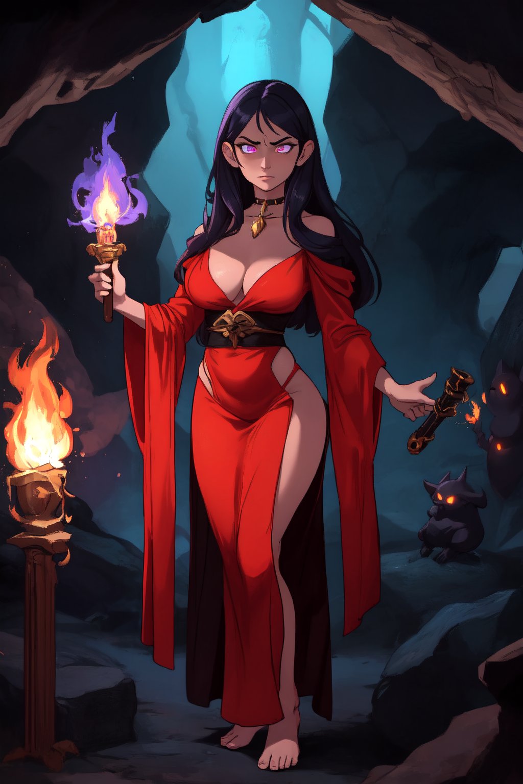 A sultry sorceress stands poised within the depths of a foreboding cavern. The flickering torches cast an eerie glow upon her revealing robes, accentuating the curves of her physique. Her intense expression is focused on the ancient tome before her, eyes blazing with magical energy. A mystical aura surrounds her, as if the very air itself is charged with spellcraft.,REALISTIC,Em1lyW,Ell13B,C@ssidy