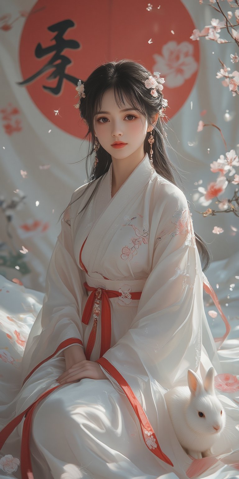 A young woman in a beautiful white kimono sits on a soft, patterned fabric. She is adorned with delicate floral hair ornaments and a red tassel hangs from her waist. Her expression is serene and elegant, her gaze directed towards the viewer. A white rabbit sits beside her, adding a touch of innocence and charm to the scene. The background features a large red circle and a traditional Chinese character, creating a sense of cultural richness and mystique. [Photorealistic portrait, inspired by the works of Annie Leibovitz and Steve McCurry], [Soft, natural light, focus on the woman's face and her elegant pose, blurred background with a sense of depth, textured surfaces, a sense of cultural heritage and beauty], Hanfu, KOLNB, Ahri,Auguste Renoir ~ Paul Peel ~ John Singer Sargent ~ Alexandre-Jacques Chantron ~ John William Godward ~ John William Waterhouse ~ Han-Wu Shen ~ Ishitaka Amano ~ Chakrapan Posayakrit ~ Kim Jung Gi ~ Kei Mieno ~ Ikushima Hiroshi ~ WLOP ~ William-Adolphe Bouguereau ~ Alphonse Mucha ~Luis Royo ~ Range Murata ~ Jock Sturges photography ~ David Hamillton photography,sparkles,,surreal