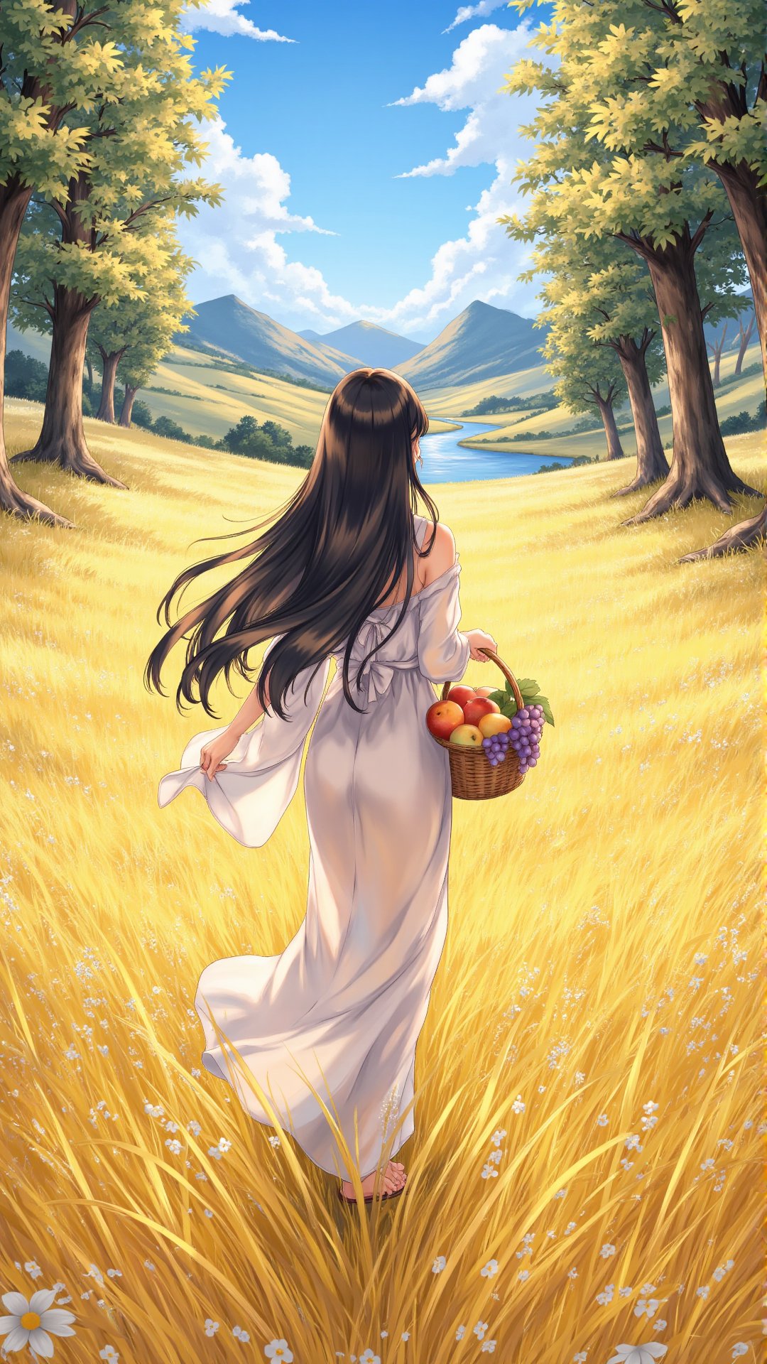 "A beautiful Japanese woman walks gracefully through a golden meadow, her long, flowing black hair catching the light breeze. She wears a soft, flowing dress that moves gently with her steps, and in her arms, she carries a basket brimming with fresh fruit—apples, peaches, and grapes. The warm sunlight bathes the entire meadow in golden hues, making the tall grass around her shimmer. In the distance, tall, majestic trees border the meadow, their leaves glowing in the soft light. Beyond the trees, a beautiful valley stretches out, framed by gently rolling hills and scattered wildflowers, with a river winding through it. The scene is peaceful and serene, beneath a clear blue sky dotted with soft clouds."