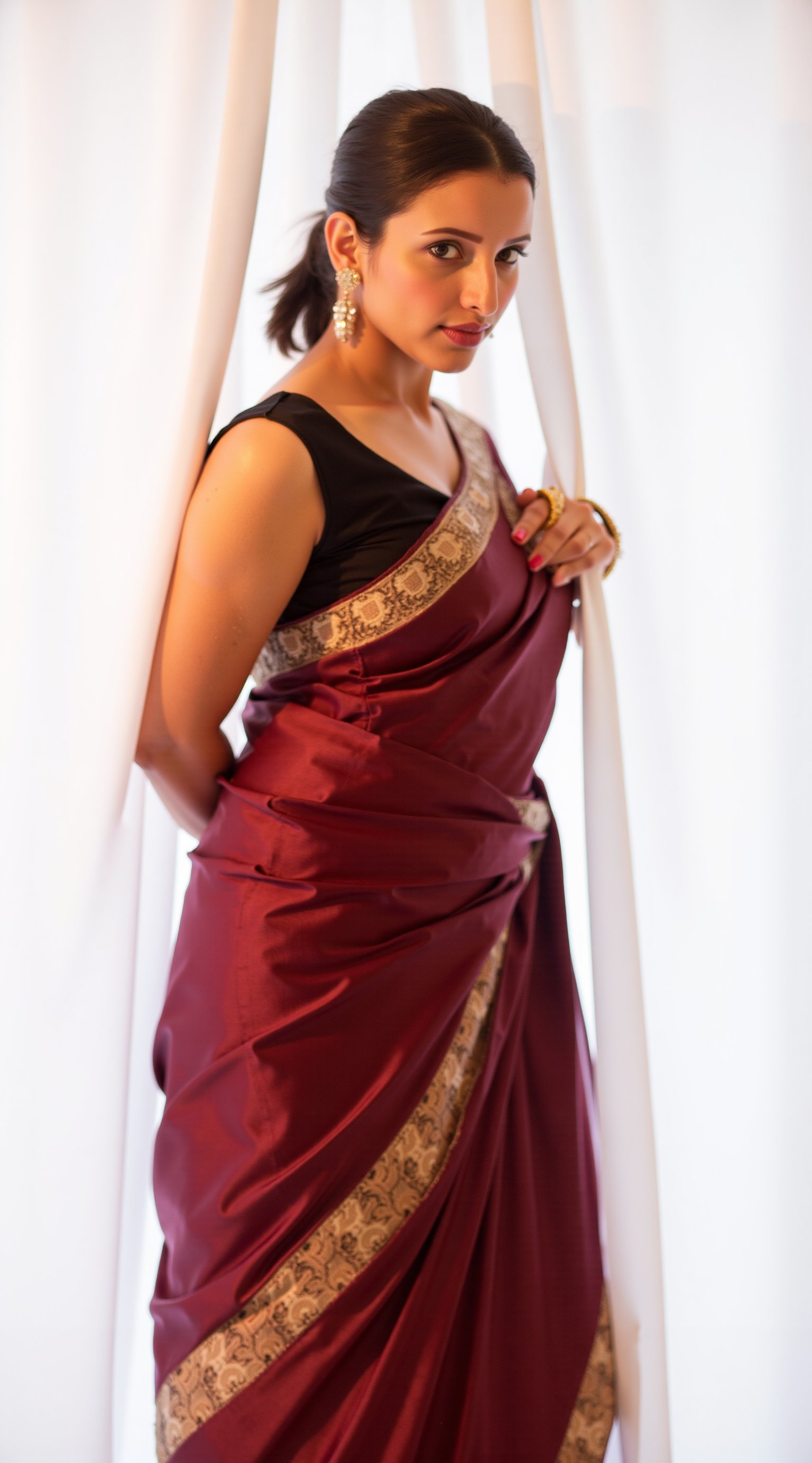 a sexy indian woman stands in sidewise in front of a white curtain. She is dressed in a black sleeveless blouse with a maroon sari adorned with gold embroidery. Her hair is pulled back in a ponytail, and she is adorned with a pair of dangling earrings. Her bangles are gold, adding a touch of contrast to her dress. The backdrop is a stark white, creating a stark contrast to the woman's outfit.,photorealistic, Warm Lighting, Looking towards the viewer in a  sensual way,Tr1pt1