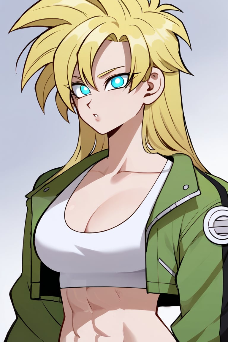 1woman, female_solo, medium muscles, six pack, (((long hairstyle, spiky hairs))) , (((hairs downwards, flowy hairs, loose hairs, yamcha hairstyle))), blonde hair, side swept bangs,  (((bangs))), ratatatat74 artstyle, solo focus, (no pupil, azure eyes)), sexy lips,  pale skin, ((ultra detailed pupils)), ((solo focus)), ((dragon ball style, super saiyan, super saiyan aura, white crop top, green jacket)),dbsb