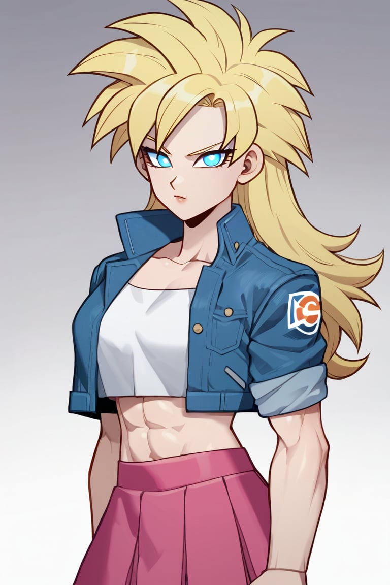 1woman, female_solo, medium muscles, six pack, (((long hairstyle, spiky hairs))) , (((hairs downwards, flowy hairs, loose hairs, yamcha hairstyle))), blonde hair, side swept bangs,  (((bangs))), ratatatat74 artstyle, solo focus, (no pupil, azure eyes)), sexy lips,  pale skin, ((ultra detailed pupils)), ((solo focus)), ((dragon ball style, super saiyan,  denim jacket, white crop top, pink skirt,  pleated skirt,  half body)),dbsb,white aura