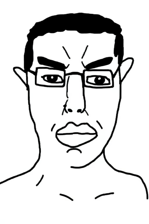 Chudjak, supporting terms are furrowed eyebrows and sunglasses. Wojak style, cartoon,white,