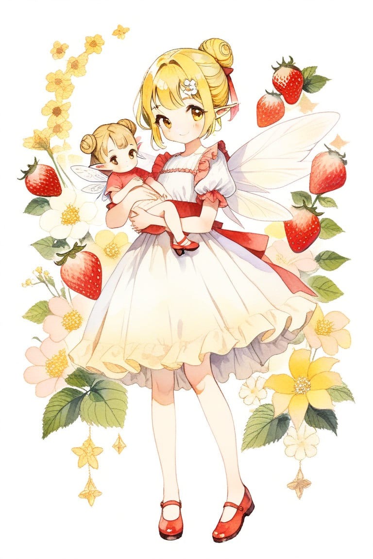 1girl, solo, looking at viewer, blush, smile, skirt, simple background, Pink hair, hair ornament, white background, dress, holding, yellow eyes, standing, full body, flower, short sleeves, shoes, pointy ears, puffy sleeves, yellow hair flowers, hair buns, single hair bun, baby swaddle, mary janes, fairy wings, strawberry fairy, red footwear, carrying_object, holding a baby, watercolor_(medium)