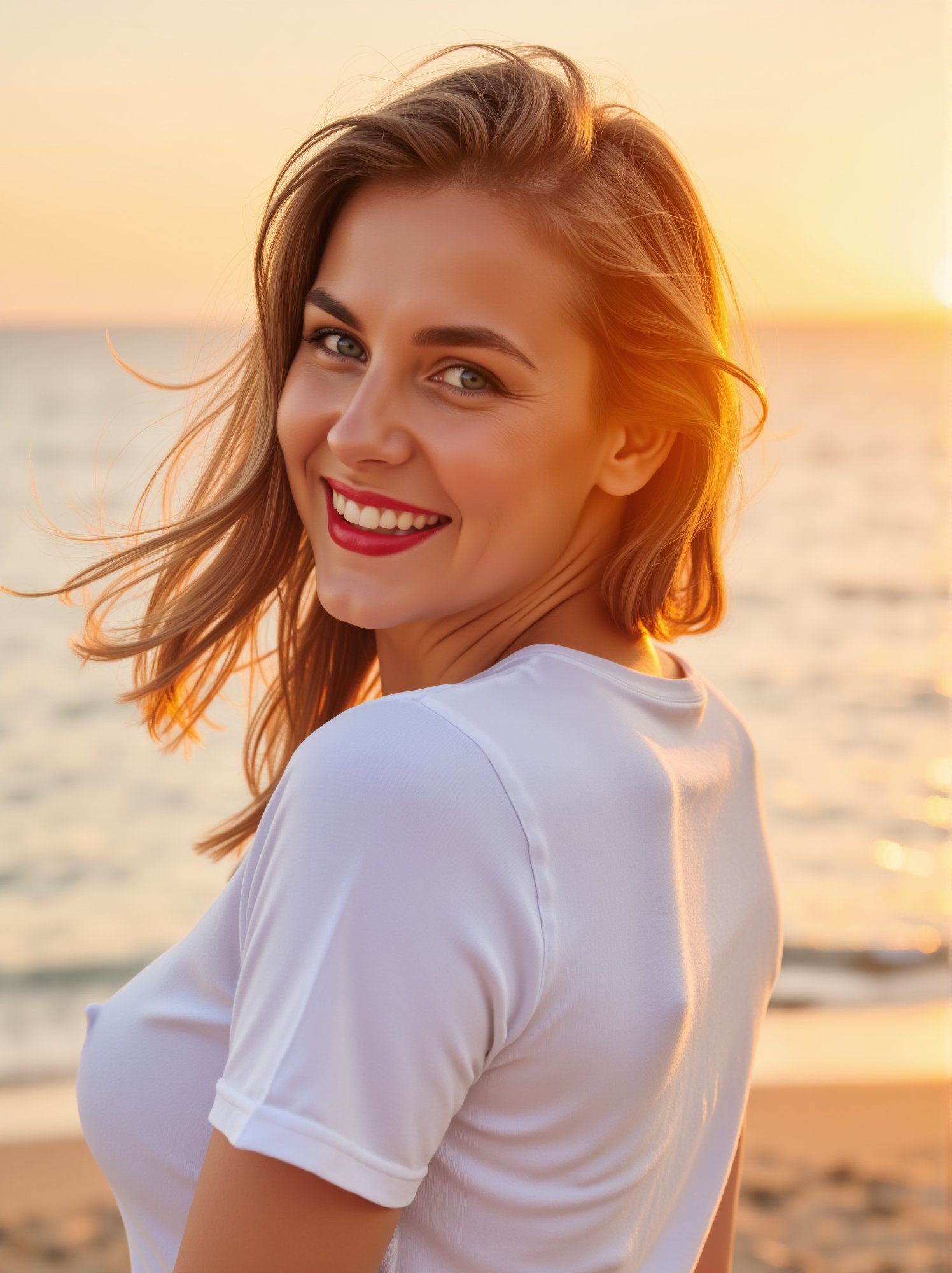A beautiful girl in the sunset by the sea. She's wearing a white shirt,  she has a square cut just above her shoulders,  b...
