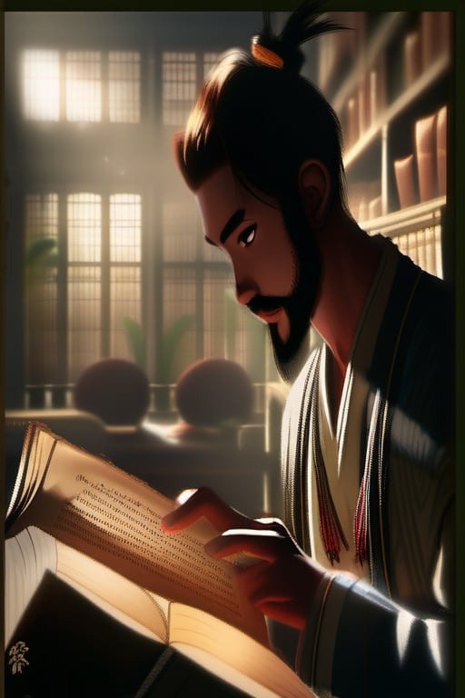 solo, black hair, 1boy, holding, upper body, male focus, indoors, hair bun, blurry, book, facial hair, single hair bun, beard, holding book, realistic, reading, scroll  