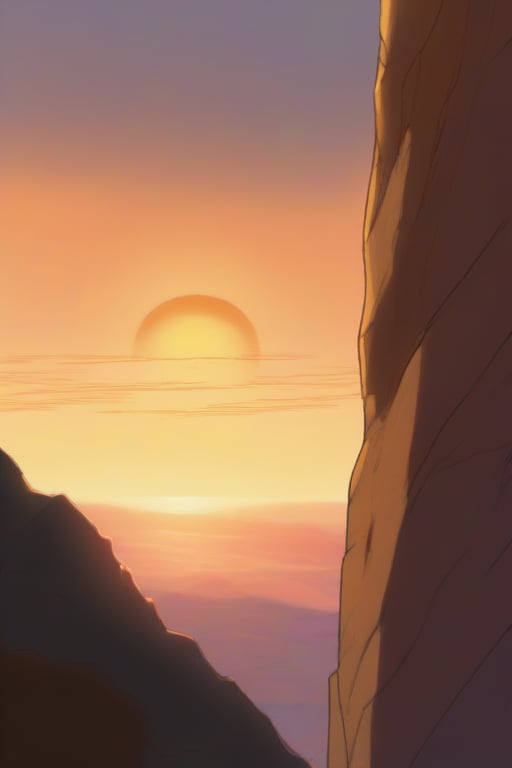 Young male protagonist stands at the edge of a cliff, gazing out at the serene sunrise landscape. Soft, golden light casts a warm glow on his determined face, with hope and conviction radiating from his bright, brown eyes. Framed against the breathtaking vista, he appears small yet resolute, ready to embark on his next adventure.