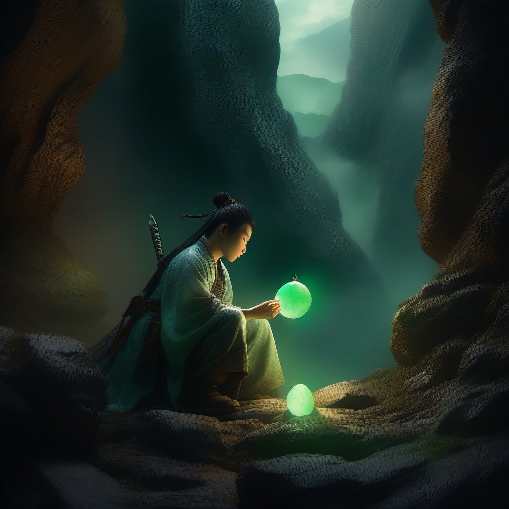 "Highly detailed fantasy scene of a young warrior, Wu Hen, discovering a softly glowing jade pendant inside a secret crevice within a rugged mountain. The atmosphere is mysterious, with dim lighting casting shadows on the surrounding rocks. Soft beams of light highlight the jade’s ethereal glow, illuminating Wu Hen’s cautious, yet curious expression. Ancient symbols subtly visible on the pendant's surface. Background includes jagged cliffs and an otherworldly sky, with mist swirling around the rocks. Realistic textures, intricate details, soft mystical lighting, dramatic and immersive mood."