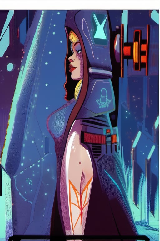 (by Loish, Leyendecker, James Gilleard), beautiful pinup girl, leaning back, cute face, anatomically_correct, (sexy and aesthetic), (cybernetic, cyborg:0.3), 1970s theme and color pallete, retro futuristic, space ship interior background, cyberpunk, txznmec,