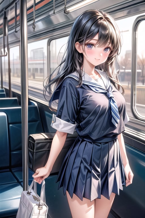 Anime digital illustration character with delicate brush strokes, a beautiful girl wearing a sailor-style school uniform. The school uniform consists of a white top with blue stripes and a blue tie, paired with a blue pleated skirt. With long wavy hair, long eyelashes, sparkling eyes, and a classy smile, he is standing in a well-lit modern place that looks like a train station or a similar public transportation area, extremely high-resolution, magical scene.