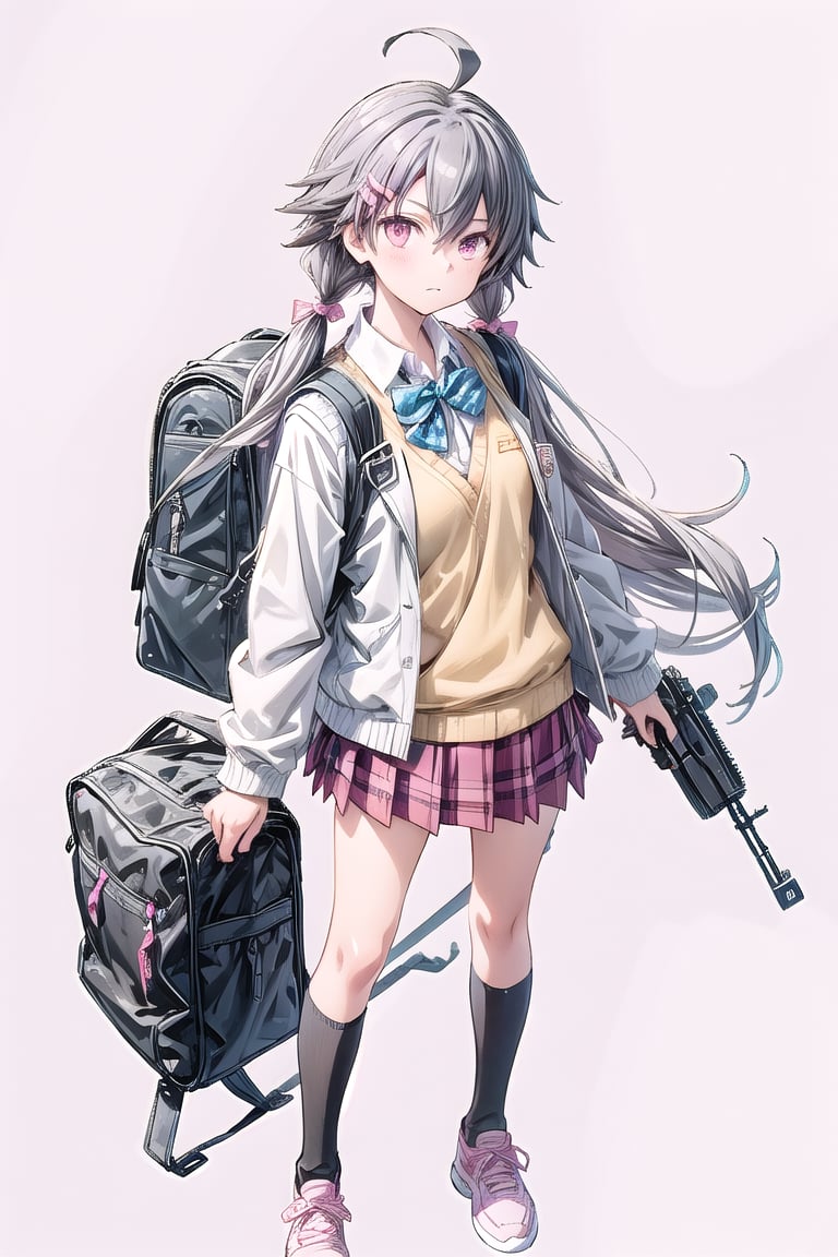 Anime of 1girl, solo, long hair, looking at viewer, bangs, skirt, simple background, shirt, hair ornament, long sleeves, pink background, bow, holding, twintails, closed mouth, school uniform, standing, jacket, full body, weapon, ahoge, grey hair, multicolored hair, pleated skirt, open clothes, shoes, socks, hairclip, bowtie, pink eyes, bag, holding weapon, open jacket, streaked hair, gun, plaid, kneehighs, white jacket, backpack, white socks, holding gun, rifle, yellow bow, sweater vest. (anime style by makoto shinkai:1.3), ek_an1_b00ster,ek_g1rl_02