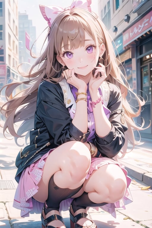 1girl, solo, long hair, looking at viewer, blush, smile, bangs, skirt, brown hair, shirt, bow, jewelry, closed mouth, purple eyes, jacket, ahoge, hair bow, earrings, blunt bangs, bracelet, black bow, squatting, ring, pink skirt, hoop earrings