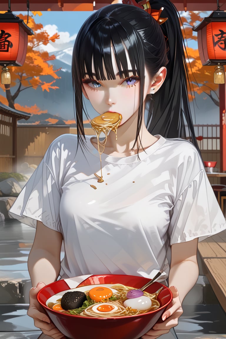 Restaurant background. Film shooting techniques, high resolution, 4k, high-definition picture quality, ultra-realistic only. A young and beautiful Japanese girl with black hair in a ponytail, wearing a white T-shirt, is eating a huge bowl of ramen. The bowl of ramen is 10 times the size of ordinary ramen. There are piles of barbecued pork slices and more than a dozen hot spring eggs. The girl's cheeks bulged as she ate the steaming hot food.