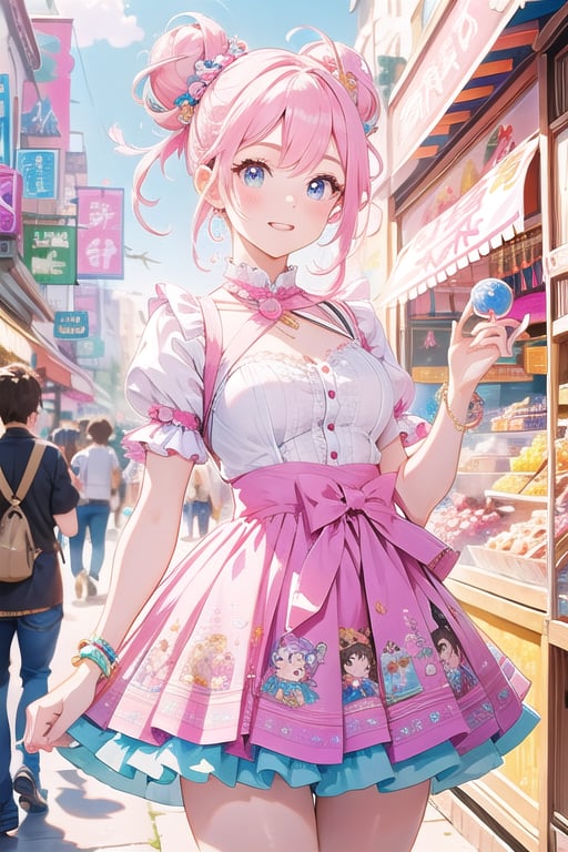 A young woman with playful pink and blue hair styled in twin buns stands in a vibrant, candy-themed market, illustrated in a realistic anime style. She wears a sheer, ruffled top and a matching pink skirt, holding a colorful lollipop. The background is filled with highly detailed candy displays and ornamental decorations, bathed in warm, soft light. The realistic anime style emphasizes more natural proportions and lifelike textures, with a focus on intricate details in her clothing, hair, and the market setting, while maintaining an expressive, emotional tone.