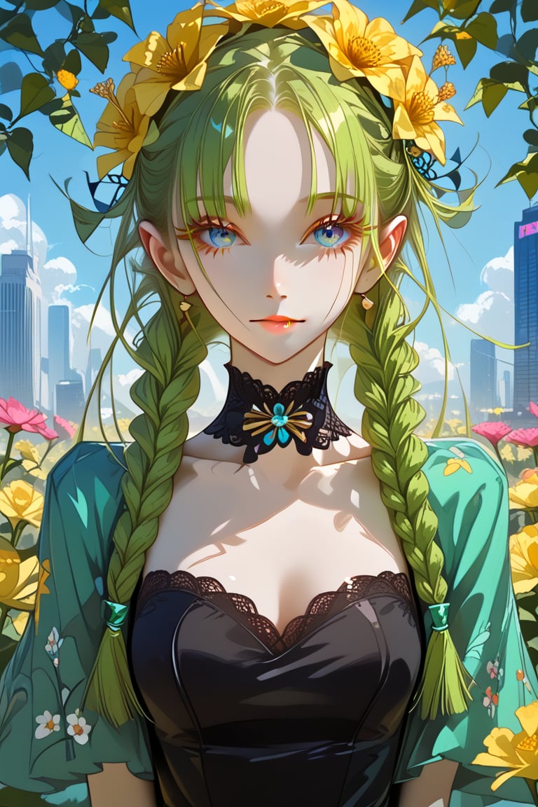 Japanese anime digital illustration, a beautiful girl with long braids, a small yellow flower on her head, long eyelashes and shining eyes. The floral embroidered dress she wore added to the overall peaceful and picturesque atmosphere. Strings of neon lights flash in the background, and warm sunset clouds envelop the scene, surrounded by blooming flowers and lush green plants. The extremely high resolution and delicate and vivid brushstrokes create a vibrant, colorful, and dreamlike cityscape.