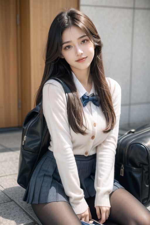 Look like an idol, long hair, straight hair, hair between eyebrows, round face, broken face, smile, school uniform, blazer, school, cardigan, (((too long sleeves))), short skirt, Leggings, loafers, dark blue school bag, holding phone, exquisite clothing, attention to detail, as shown, looking at the audience (camera), in Tokyo