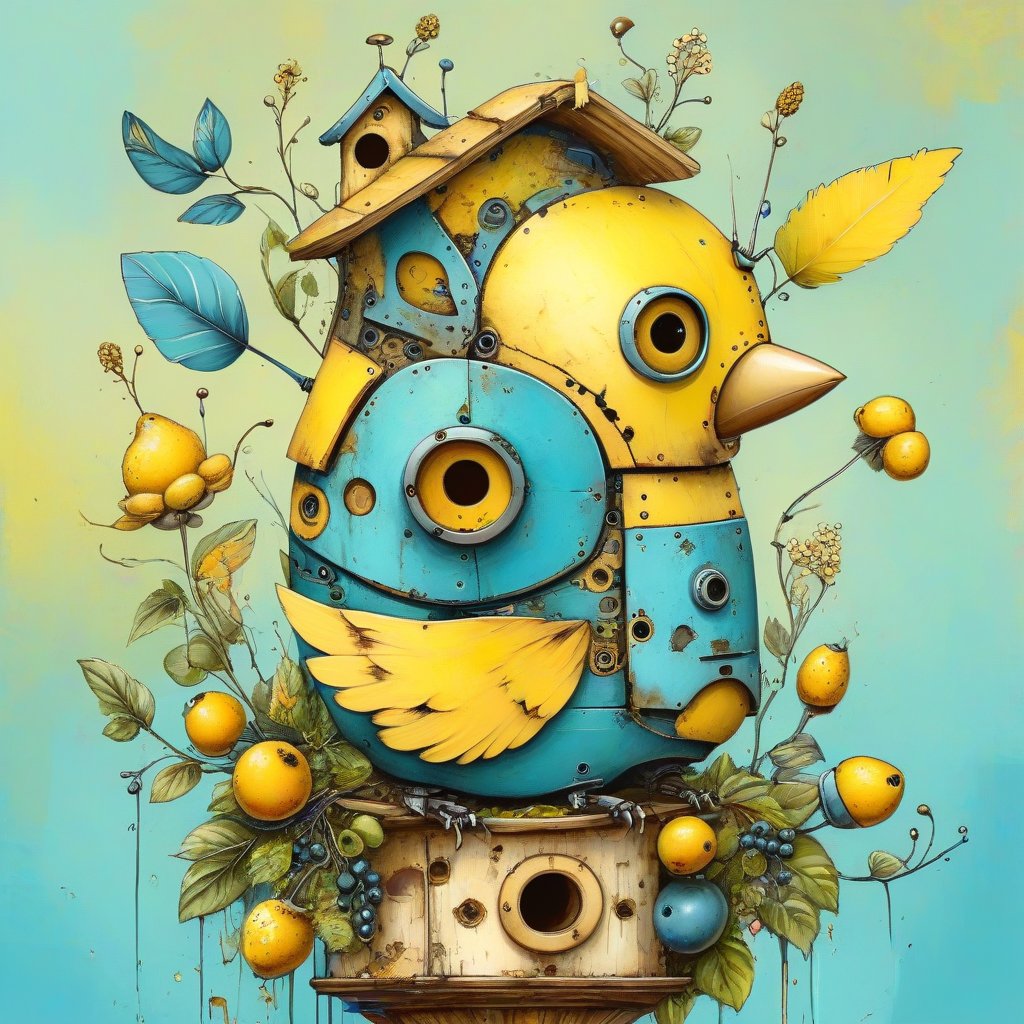 a whimsical art design, ((close-up image of 1 beautiful robot bird with robotic parts eat berries while sitting in a birdhouse)), (clean yellow and blue main colors), cozy garden background, creative illustration, conceptual art, dadaism