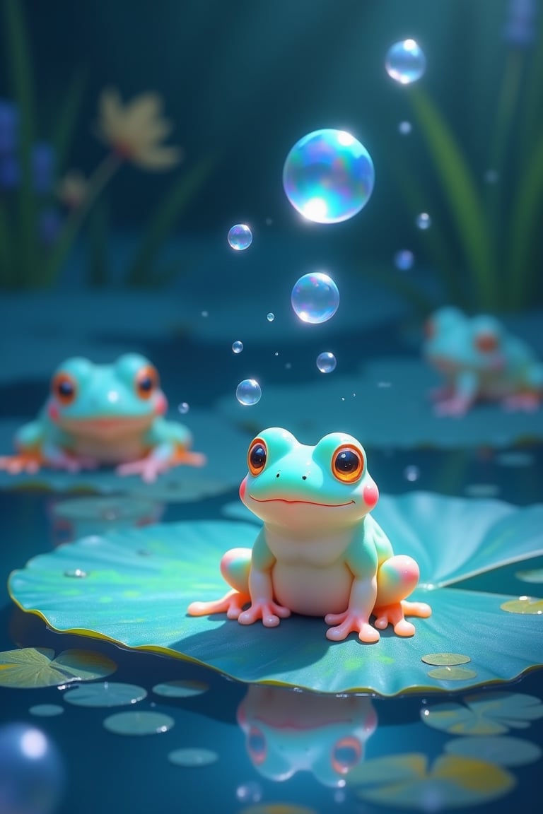 (((masterpiece))) , (((best quality))) , anime style, 2d, serene pond where tiny bubble frogs—small, round frogs with translucent, pastel-colored skin that glows faintly—are blowing bubbles that float in the air. The camera captures a close-up of one bubble frog sitting on a lily pad, playfully catching its own bubbles with a happy croak. The bubbles reflect the moonlight, casting soft, rainbow hues across the pond, and other bubble frogs join in, creating a playful and magical scene