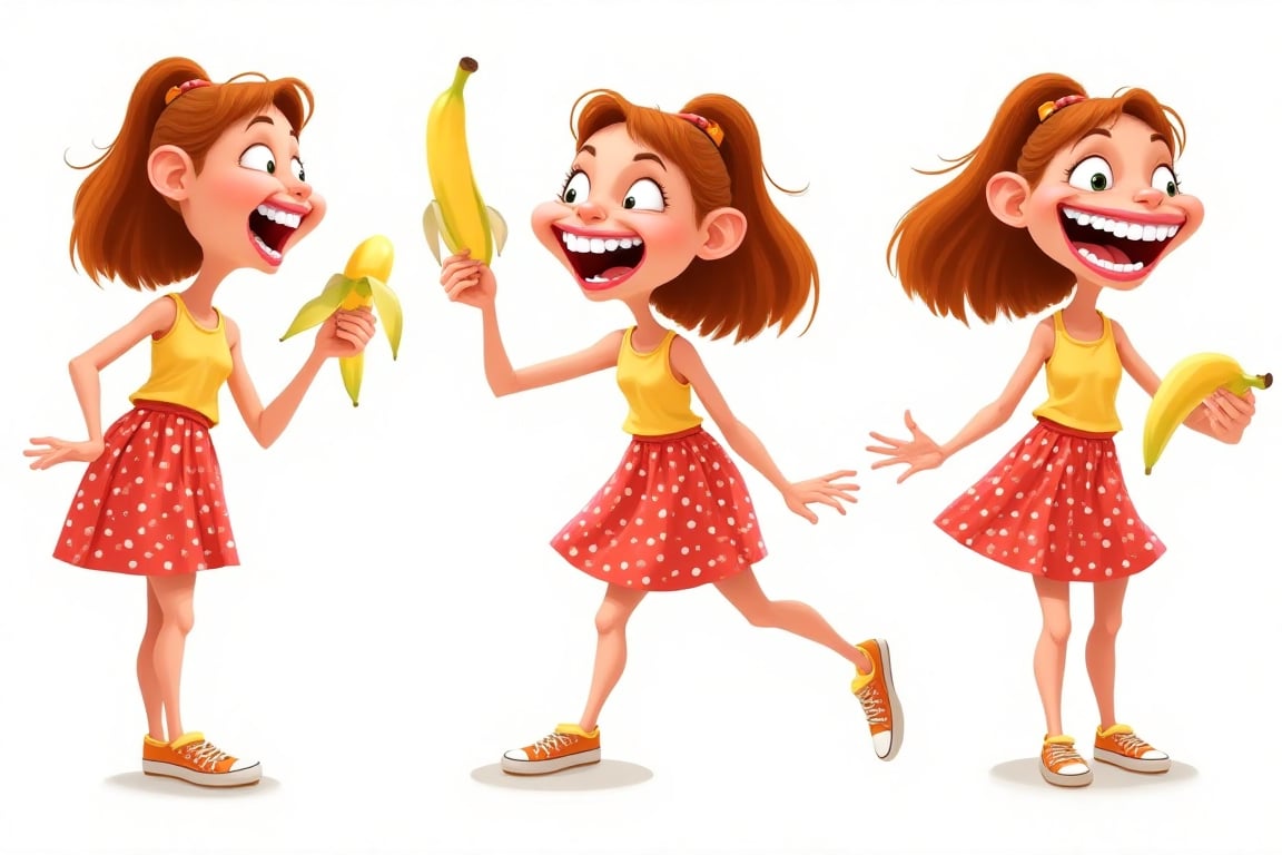 A vibrant caricature of Anna, a girl with a wide smile revealing exaggeratedly teeth, holding a banana in her hand. The scene with bold, exaggerated features and playful, cartoonish style. pose lively and expressive.  sheet. multiple views. expressive poses