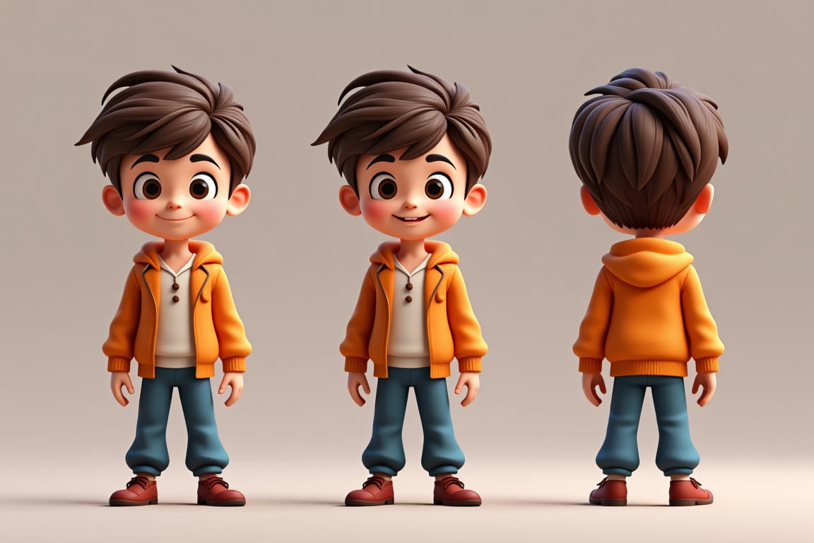 Beauty, 3D render, play of shadow and light. Cute cartoon boy , Disney style, character sheet, front view, half-side view, half-back view
