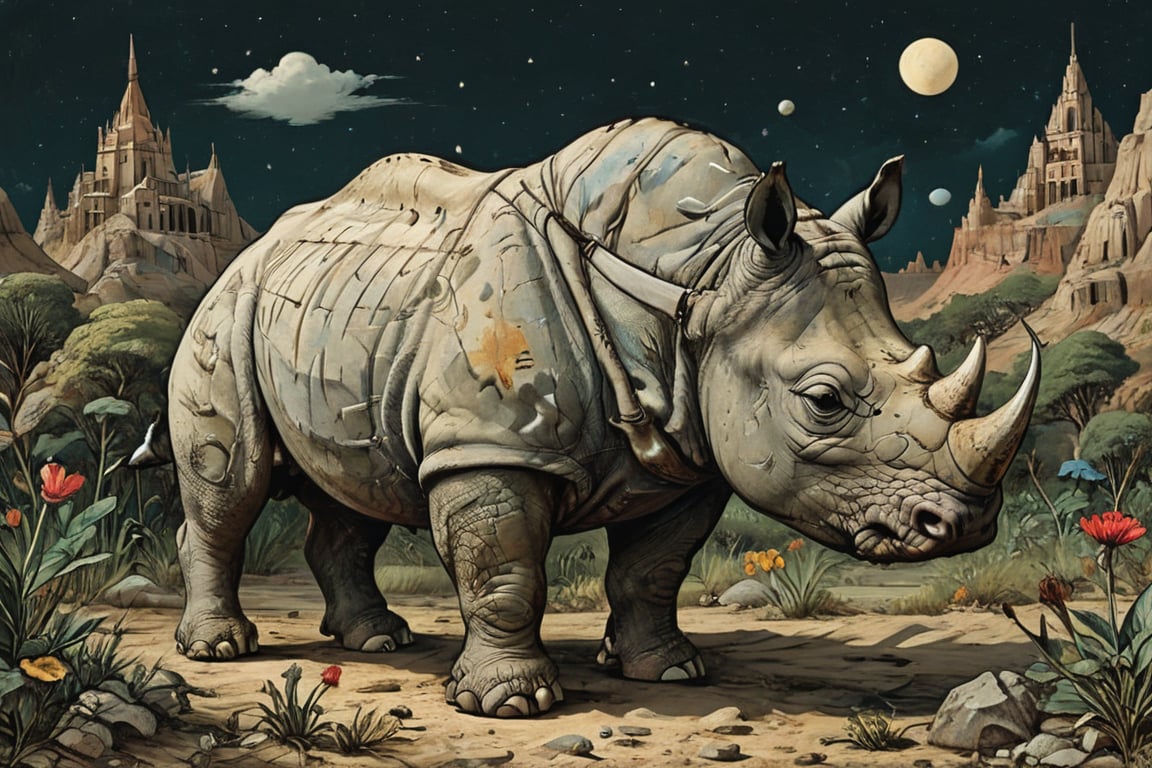 (Full frame design:1.3), (an amazingly well-crafted Frutiger Metro/Trendwhore illustration:1.4) (without text:1.6), of (an amazingly cool Indian rhino:1.4). BREAK, (full body shot:1.2), (angry gaze:1.3), (charging against the viewer:1.3), a little girl watches in wonderment, soft bounced lighting, eye level, arid steppe in background. BREAK (colorful minimalistic style:1.3), (2004 aesthetics:1.3),(beautiful vector shapes:1.3), (Bauhaus aesthetics:1.4), sharp details, muted colors. BREAK by David Carson, Eddie Opara,Michael Bierut,Milton Glaser,Alan Fletcher,Jacqueline Casey,Cipe Pineles. BREAK muted colors, (photorealistic:1.3), black background, highest quality, detailed and intricate, original shot, more detail XL,ink, DonMn1ghtm4reXL,comic book,masterpiece,, , 