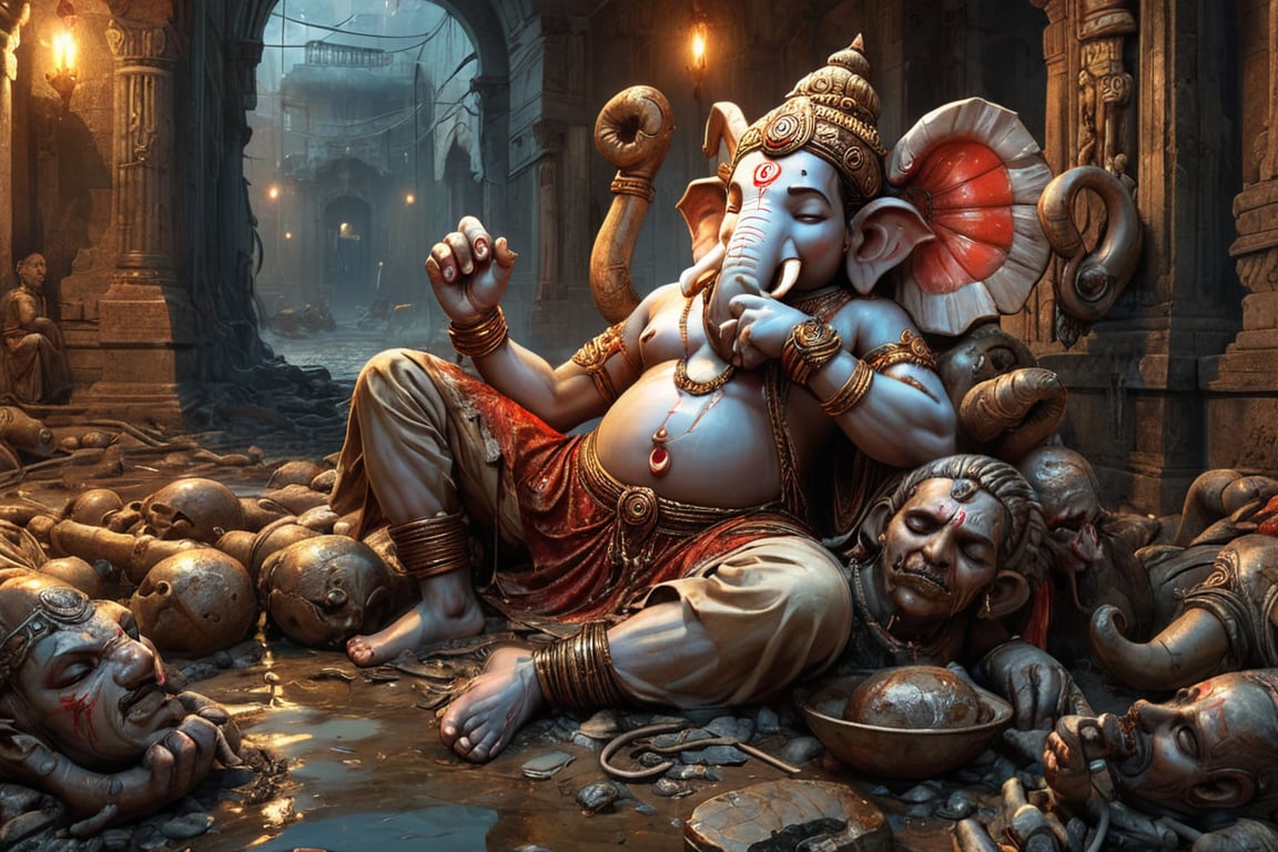 (((Creepy Freakish multi-armed biopunk god Ganesha holding sleeping ancient Indian warriors))), (everywhere there are sleeping ancient Indian warriors), (street ruins after the flood background), ((biopunk, raw meat, ulcers red pores), art style by Zdzisław Beksiński, glowing lights, masterpiece, best quality, photorealistic illustration, ultra-high resolution, photographic light, hyper detailed, Creepy Freakish,creepy_n_freaks_V1.0:0.8